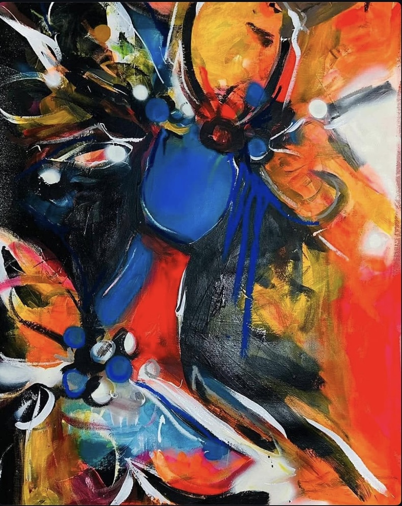 Painting by Carla Negrón — chromatic bloom in blue and orange, acrylic on canvas